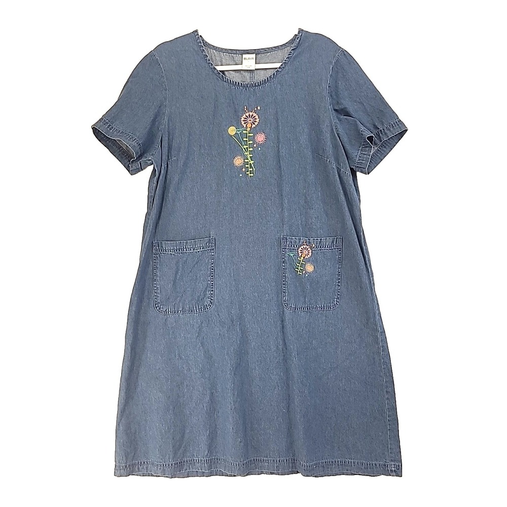 Vintage Blair Jumper Denim Garden Shift Dress Embroidered‎ Flowers Cottagecore L